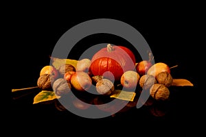 Ripe Hokkaido pumpkin, walnuts and ripe wild apples with yellow autumn leaves isolated on black background