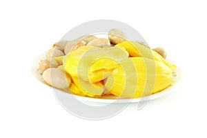 Ripe jackfruit with seeds on white background