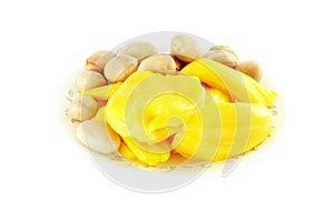 Ripe jackfruit with seeds on white background