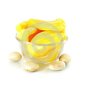 Ripe jackfruit with seeds on white background
