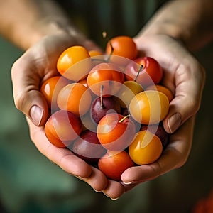 Ripe juicy apricots and plums in hands