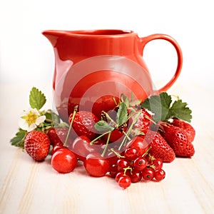 Ripe juicy berries and jug on the table