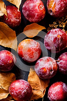 Ripe Juicy Big Red Plums Dry Yellow Orange Leaves on Black Stone Background. Autumn Fall Composition. Vibrant Colors.