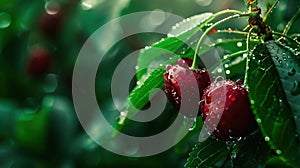 Ripe, juicy cherries are decorated with sparkling dewdrops among green leaves. Luxury aesthetic backdrop. Generative AI
