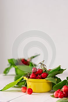 Ripe juicy cherries in a yellow bowl