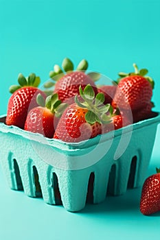 Ripe juicy fresh strawberries in a blue carton on turquoise background. Summer berries healthy lifestyle farmers market produce