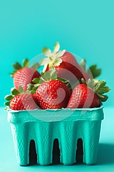 Ripe juicy fresh strawberries in a blue carton on turquoise background. Summer berries healthy lifestyle farmers market produce
