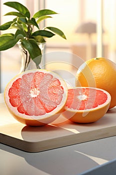 ripe, juicy grapefruit is placed on a cutting board, cut in half and ready to be enjoyed