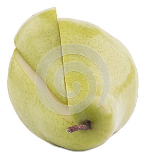 A green pear with an incised along a slice. Isolated on white.