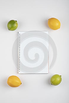 Ripe juicy lemons and limes around white notebook over white wall