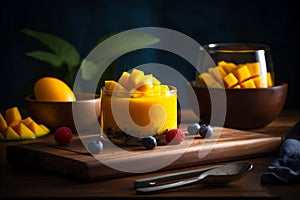Ripe and Juicy Mango Fruit on plate. Healthy eating background. AI generated.