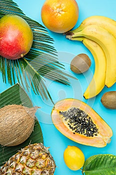 Ripe Juicy Mango Halved Papaya Coconut Kiwi Bananas on Large Palm Leaf on Blue Background. Summer Vacation Relaxation