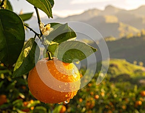 Ripe Orange Fruit Hanging On Tree Branch