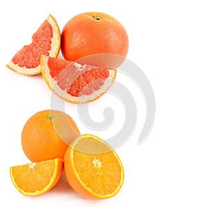 Ripe juicy orange and grapefruit isolated on white. There is free space for text. Collage