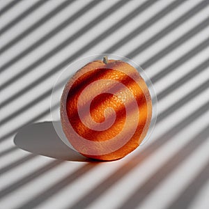 Ripe juicy orange on a white background in morning light through the louvres. Streaks of sunlight from the window blinds photo