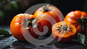 Ripe juicy persimmon fruits detailed.