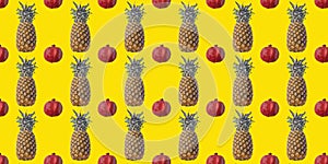 Ripe, juicy pineapple and pomegranate on a yellow isolated background.The concept of healthy eating. Seamless pattern.