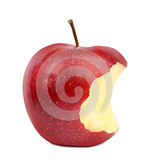 Ripe juicy red apple with bite mark on white