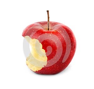 Ripe juicy red apple with bite mark on white