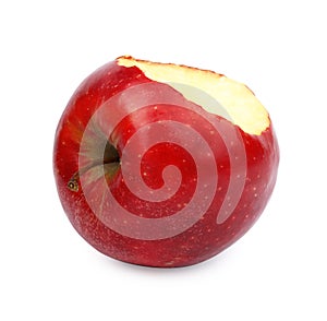 Ripe juicy red apple with bite mark on white