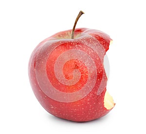 Ripe juicy red apple with bite mark on white
