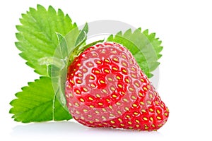 Ripe juicy strawberry with green leaves