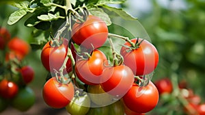 Ripe and juicy tomatoes growing on plant