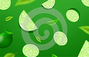 Ripe juicy tropical lime background. Vector card illustration. Closely spaced fresh citrus green lemon fruit peeled