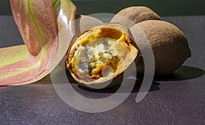 Ripe Kepel fruits or burahol Stelechocarpus burahol with young green leaves on wooden table