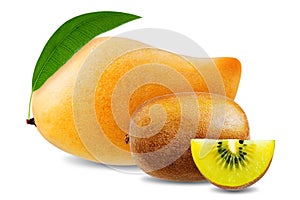Ripe kiwi and mango fruits on a white isolated background