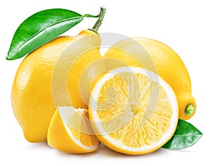 Ripe lemon fruits with lemon slices and leaves isolated on white background