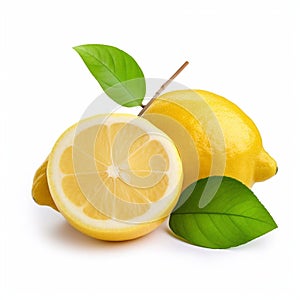 Ripe lemon with green leaves isolated on white background. AI generated