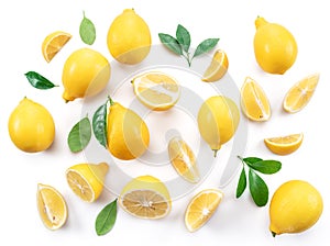 Ripe lemons and lemon leaves on white background. Top view.