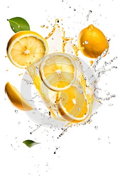 Ripe lemons with splashes of drops of water or juice on a white background, Generative AI