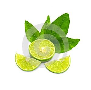 Ripe limes with green leaf. Isolated on white background