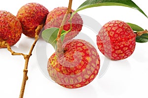 ripe lychees on white background