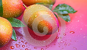Ripe mango fruits in water drops on the leaves. Studio light