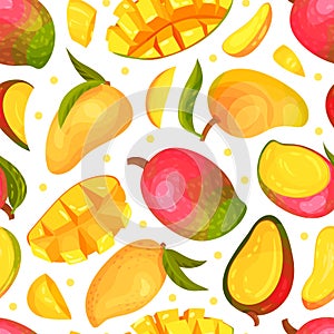 Ripe Mango Seamless Pattern Design with Bright Tropical Fruit Vector Template