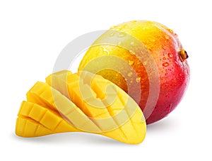 Ripe mango with water drops isolated