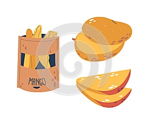 Ripe Mangoes, Both Whole And Sliced, Alongside A Charming Paper Bag Showcases The Freshness And Delicious Appeal