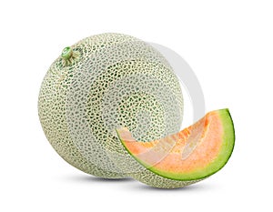 Ripe melon with slice on white background