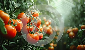 Ripe natural tomatoes growing on branch in greenhouse Standard Bild