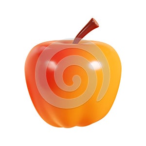 Ripe orange apple with red side 3d render illustration. Cartoon icon of juicy fruit for autumn and thanksgiving design.