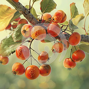 Ripe orange apples on branch with leaves