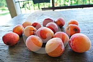 Ripe orange apricots on the rustic wooden table.