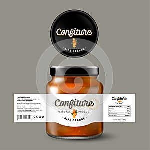 Ripe Orange confiture. Sweet food. White label with fruit and letters. Mock up of glass jar with label.