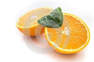 Ripe orange isolated on white background - fresh citrus fruit photography, orange cut in half