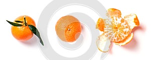 Ripe orange mandarine, tangerine, clementine with leaves isolated on white background, top view