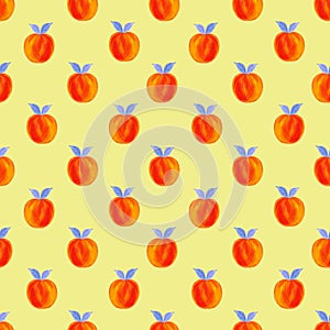 Ripe orange peaches, persimmons on a yellow background. Seamless pattern illustration with acrylic.