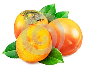 Ripe orange persimmon fruits or kaki fruits with leaves and cross cut of fruit isolated on white background